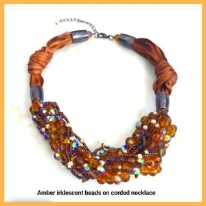 Sparkly Golden Amber iridescent beaded Cord necklace, silver tone accents
